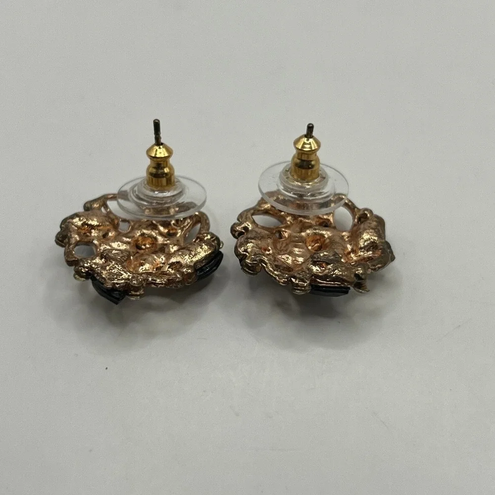 Vintage Rhinestone Pierced Earrings Black‎ Blue Clear Stones Copper Tone